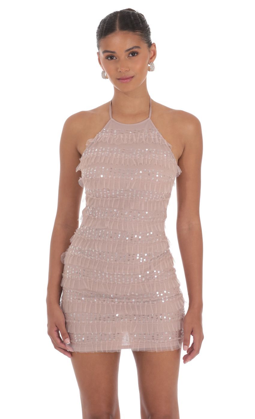 Sequin Ruffle Halter Bodycon Dress in Mauve-Sunny Prom. All rights reserved.