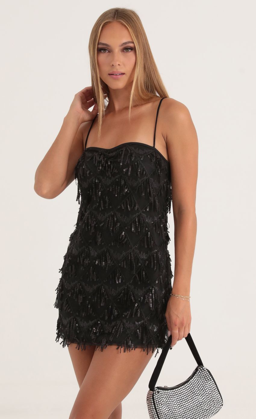 Tulle Sequin Fringe Dress in Black-Sunny Prom. All rights reserved.