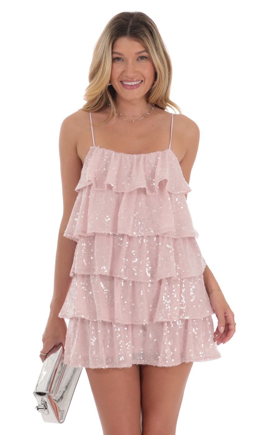 Sequin Ruffle Shift Dress in Dusty Pink-Sunny Prom. All rights reserved.