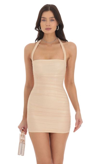 Shimmer Ruched Bodycon Dress in Nude Gold-Sunny Prom. All rights reserved.