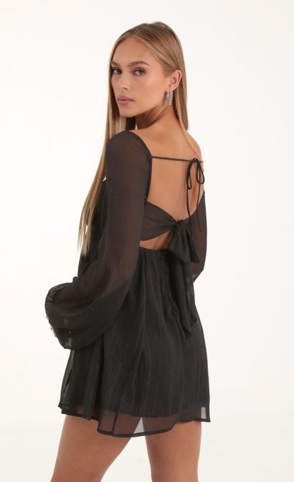 Striped Long Sleeve Baby Doll Dress in Black-Sunny Prom. All rights reserved.