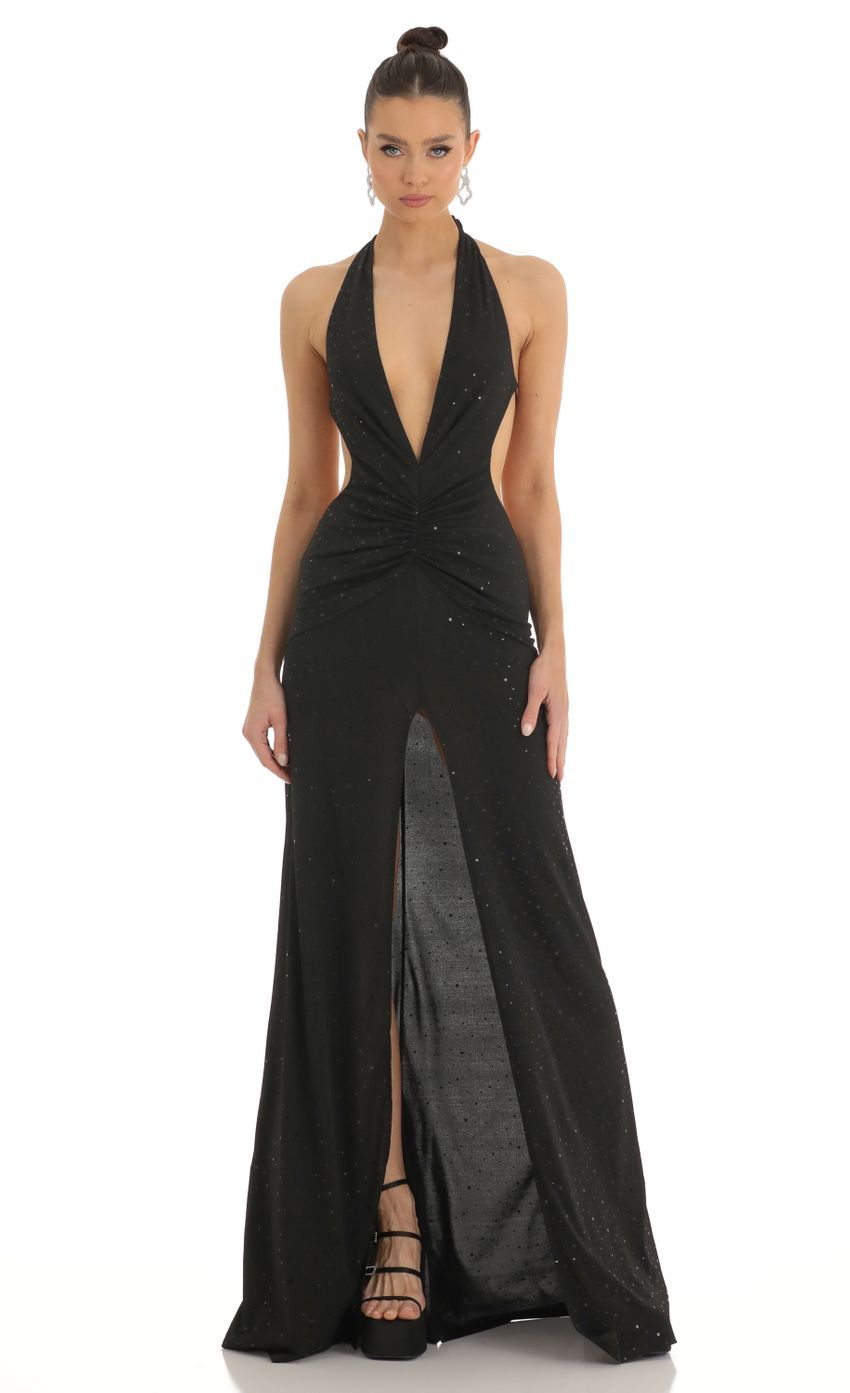 Shimmer Front Slit Open Back Maxi Dress in Black-Sunny Prom. All rights reserved.