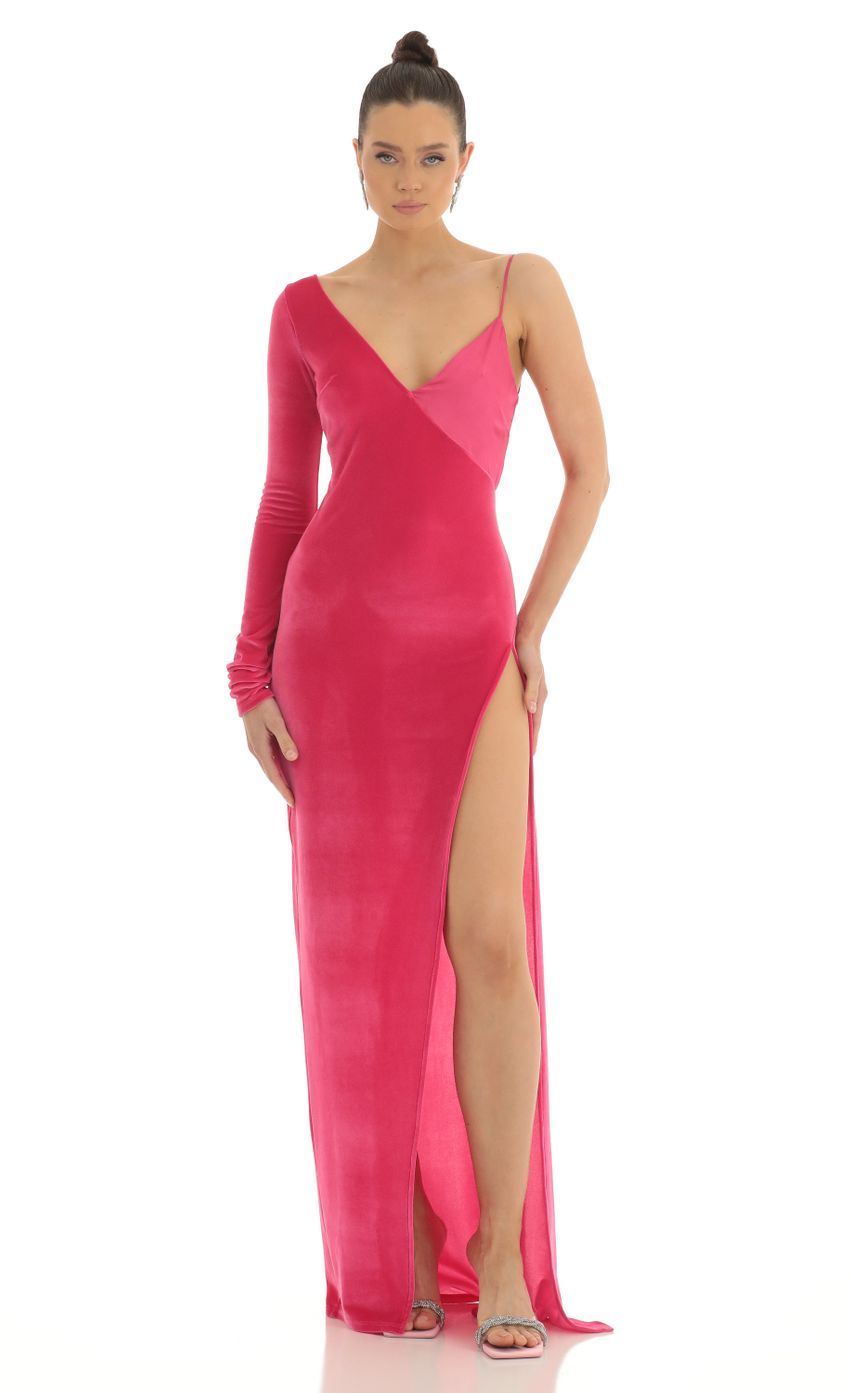 Tomia Asymmetrical Velvet Maxi Dress in Pink-Sunny Prom. All rights reserved.