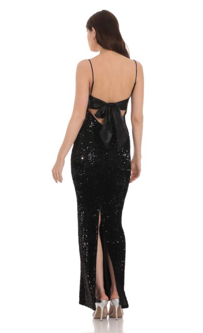 Velvet Sequin Back Bow Maxi Dress in Black-Sunny Prom. All rights reserved.