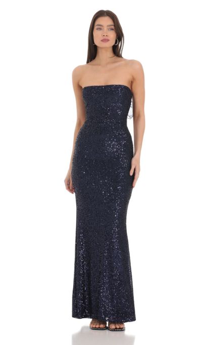 Sequin Strapless Maxi Dress in Navy-Sunny Prom. All rights reserved.