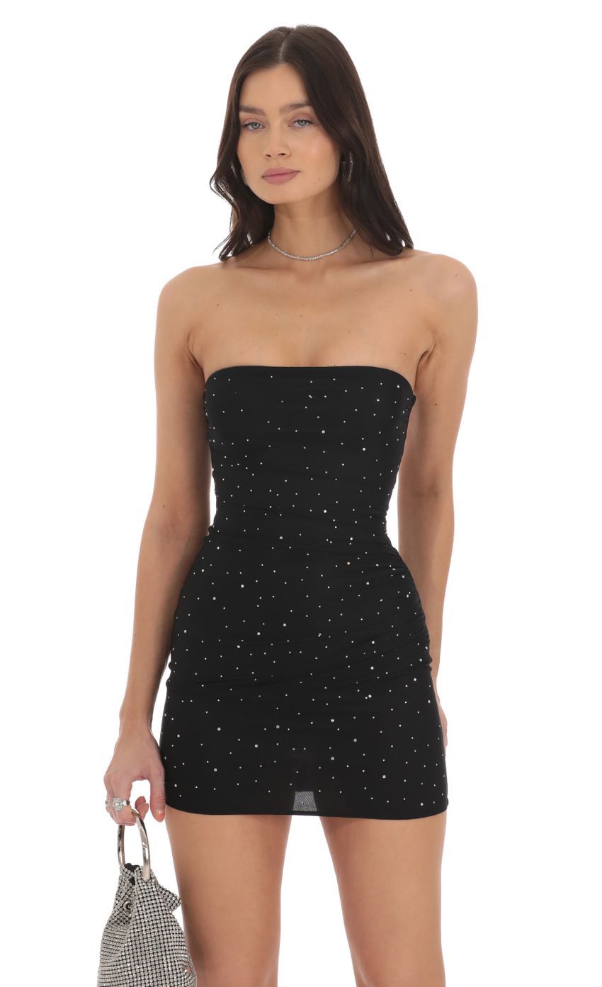Strapless Mesh Rhinestone Dress in Black-Sunny Prom. All rights reserved.
