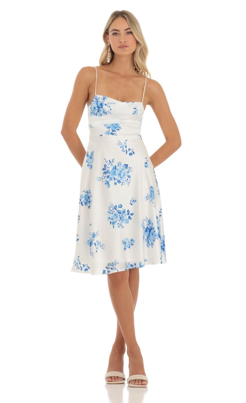 Satin Floral Midi Dress in White-Sunny Prom. All rights reserved.