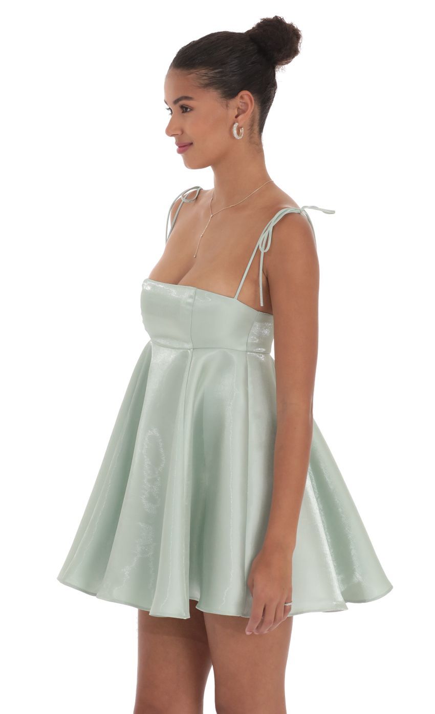 Sheen Flare Babydoll Dress in Sage Green-Sunny Prom. All rights reserved.