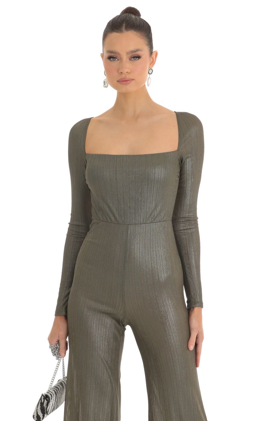 Shimmer Open Back Long Sleeve Jumpsuit in Olive-Sunny Prom. All rights reserved.