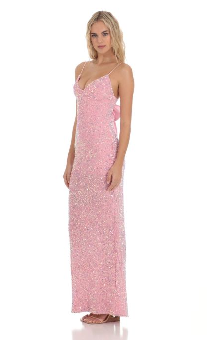 Velvet Sequin Back Bow Maxi Dress in Pink-Sunny Prom. All rights reserved.