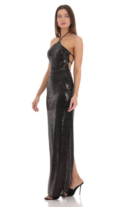 Sequin Halter Maxi Dress in Black-Sunny Prom. All rights reserved.