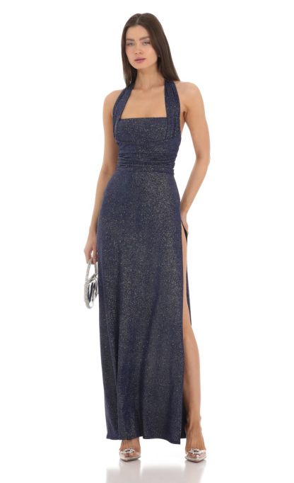 Shimmer Halter Maxi Dress in Navy-Sunny Prom. All rights reserved.