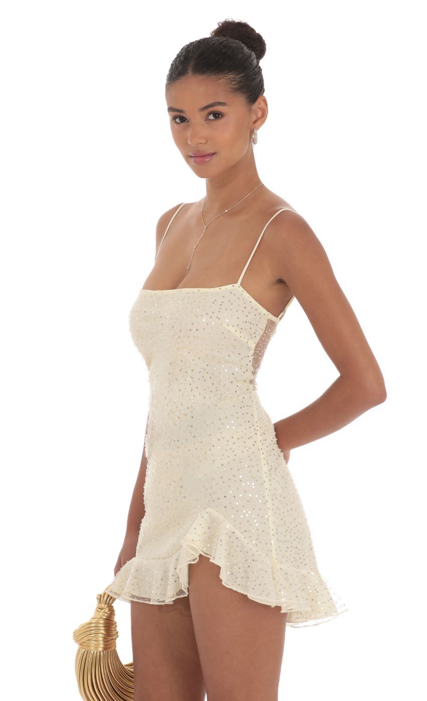 Sequin Ruffle Dress in Pale Yellow-Sunny Prom. All rights reserved.