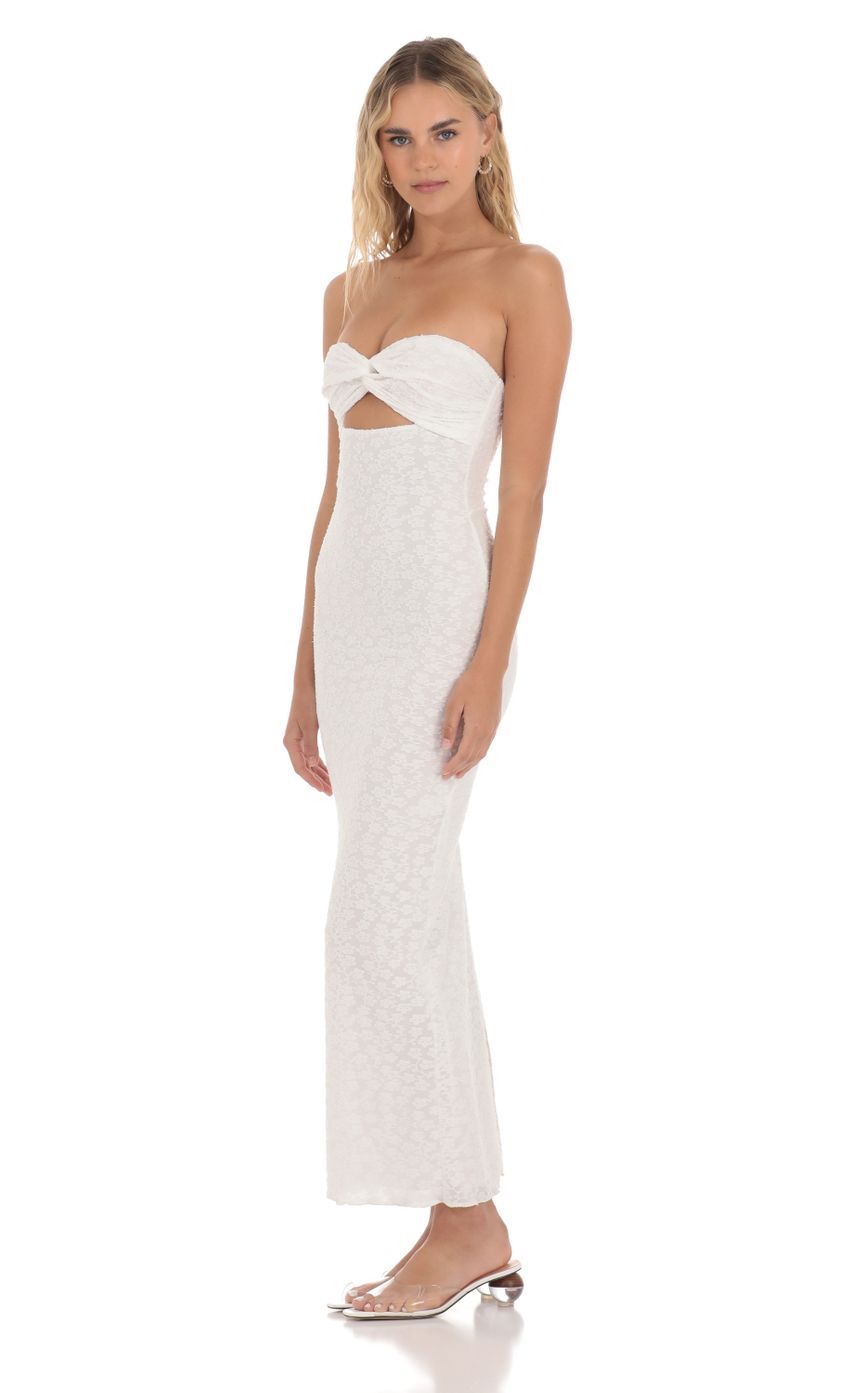 Strapless Textured Floral Twist Maxi Dress in White-Sunny Prom. All rights reserved.