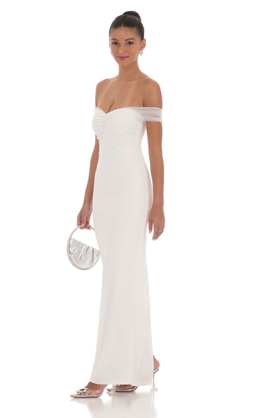 Tulle Off Shoulder Sleeve Maxi Dress in White-Sunny Prom. All rights reserved.