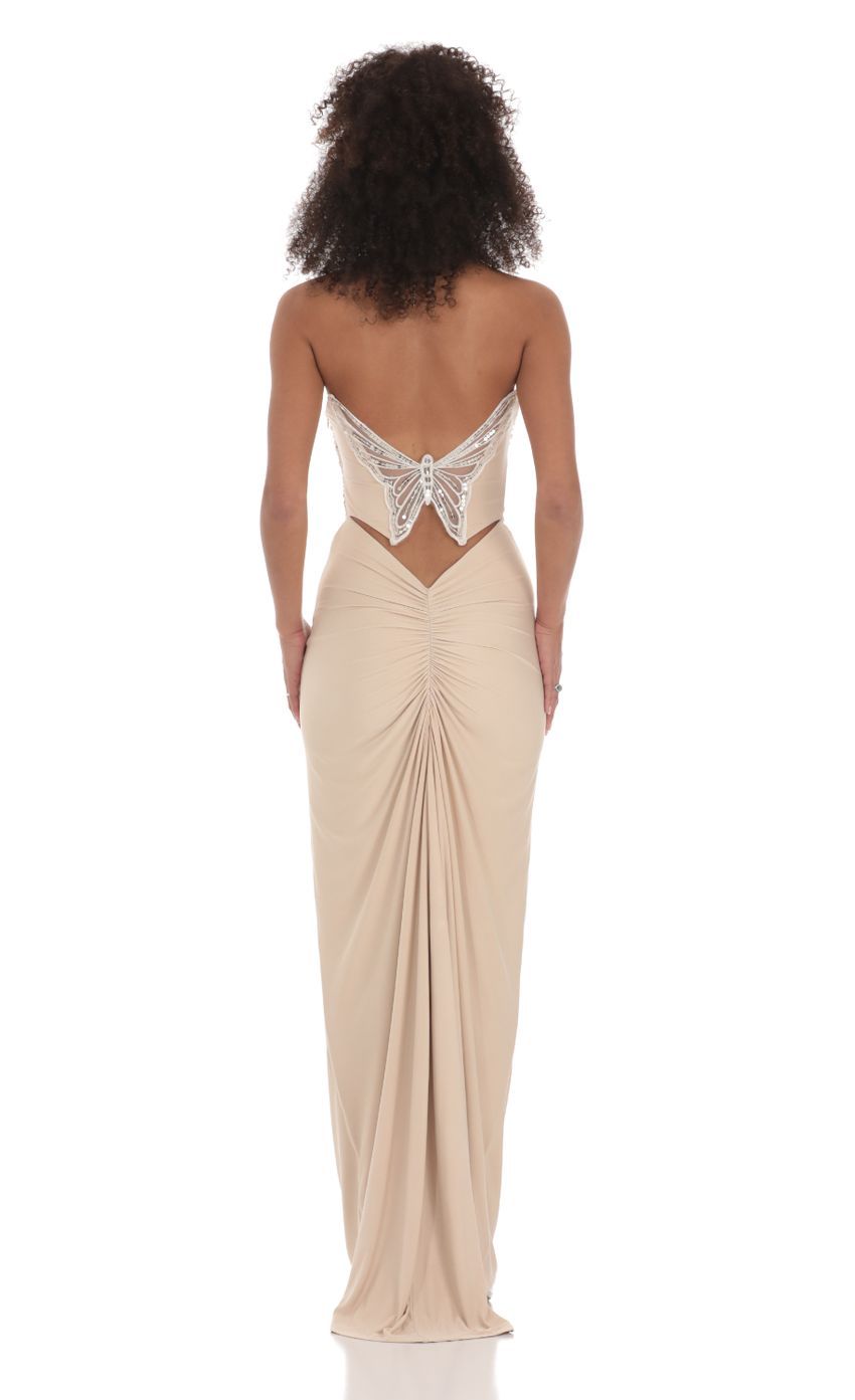Strapless Corset Sequin Butterfly Maxi Dress in Beige-Sunny Prom. All rights reserved.