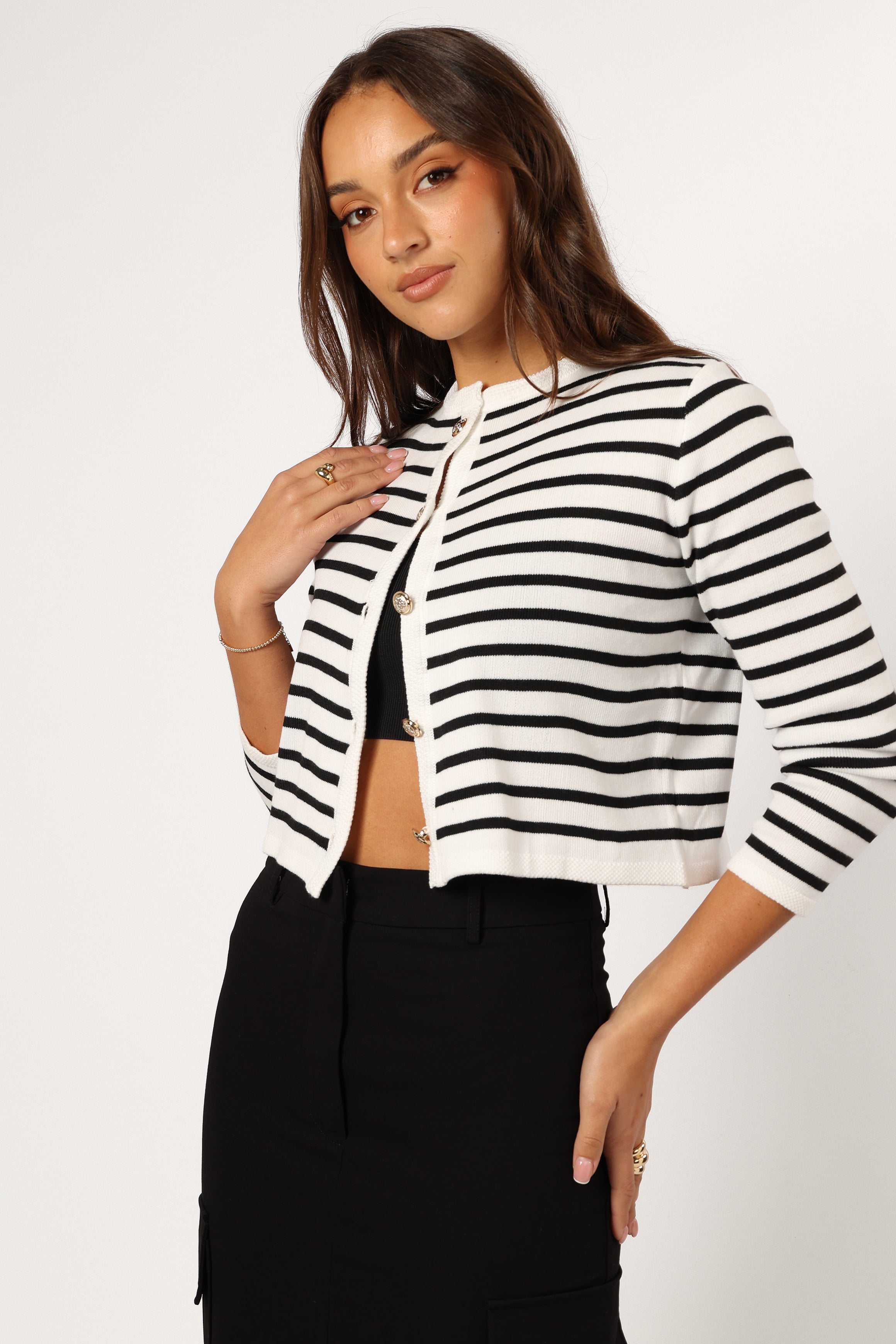 Cynthia Striped Button Front Cardigan - Black/Cream-Sunny Prom