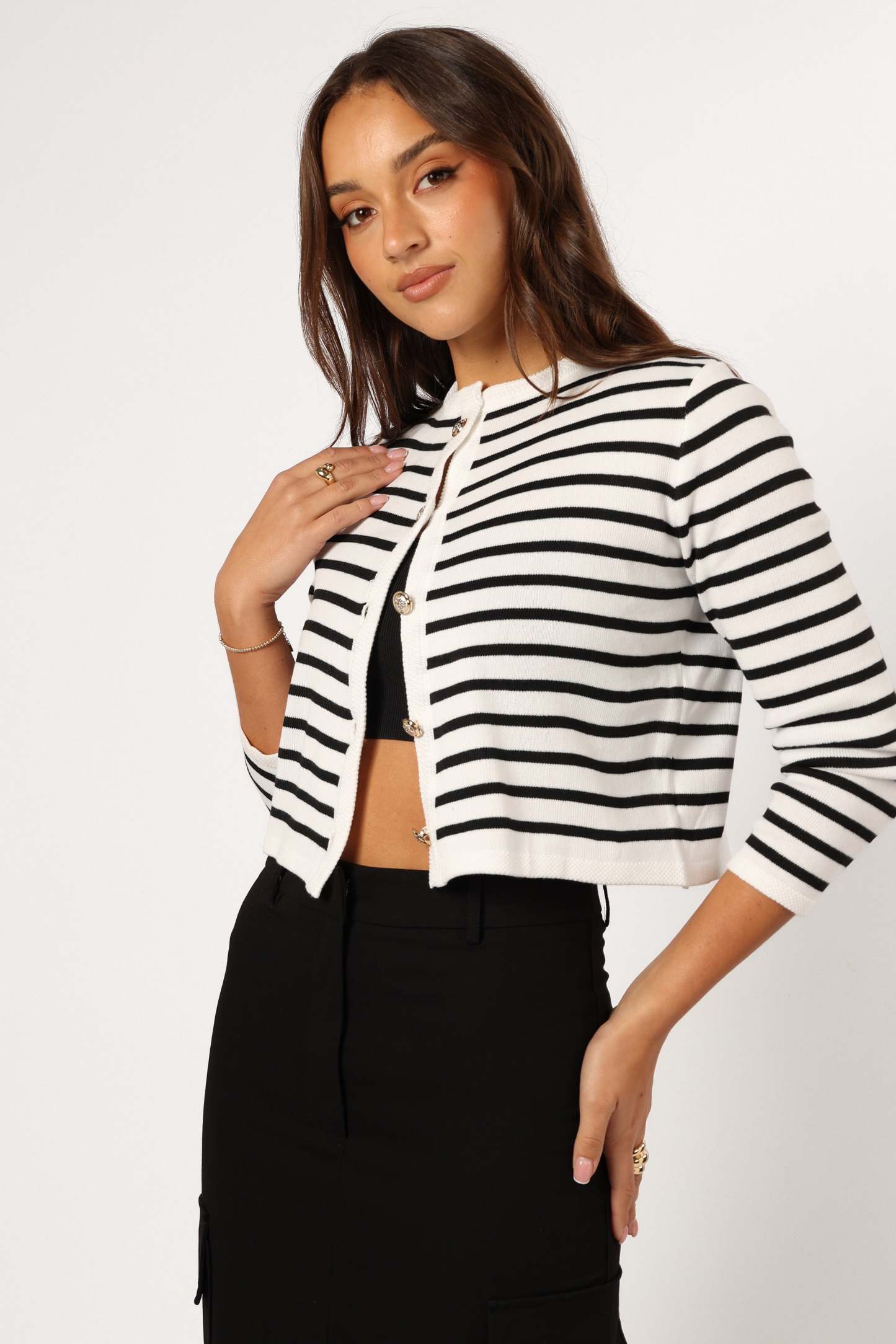 Cynthia Striped Button Front Cardigan - Black/Cream-Sunny Prom