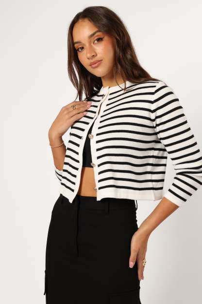 Cynthia Striped Button Front Cardigan - Black/Cream-Sunny Prom