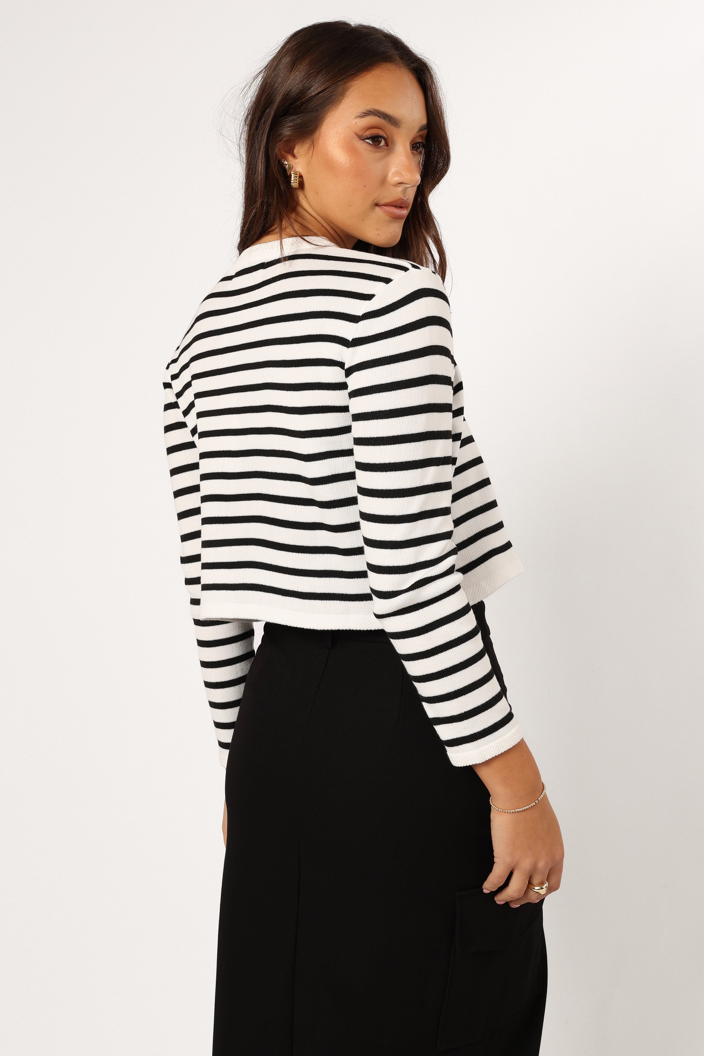 Cynthia Striped Button Front Cardigan - Black/Cream-Sunny Prom