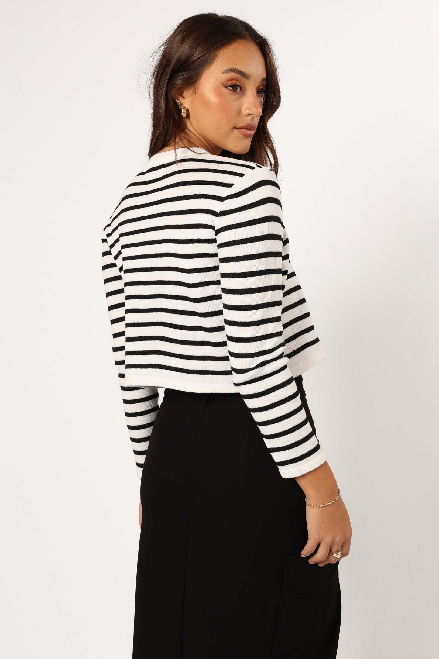 Cynthia Striped Button Front Cardigan - Black/Cream-Sunny Prom