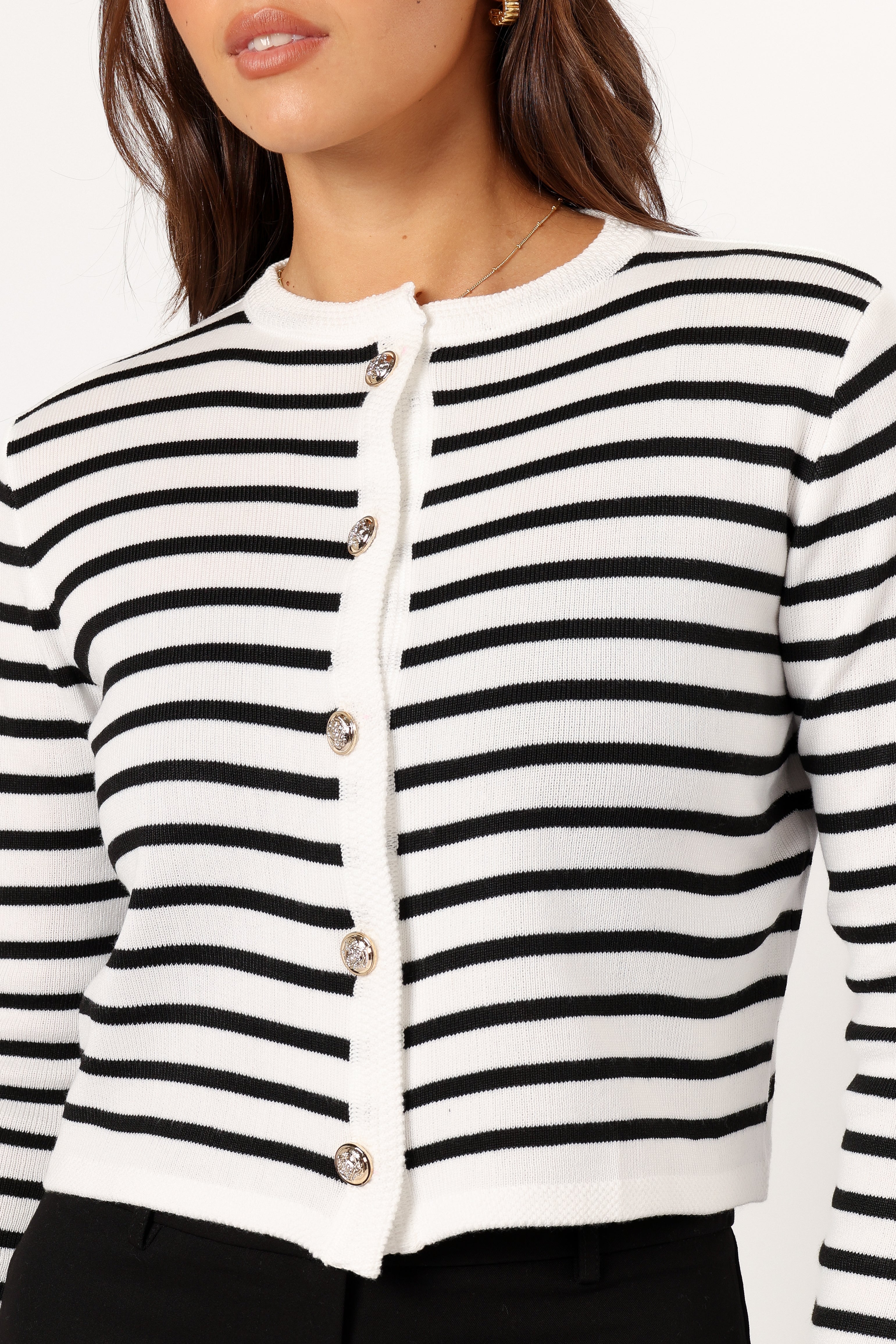 Cynthia Striped Button Front Cardigan - Black/Cream-Sunny Prom