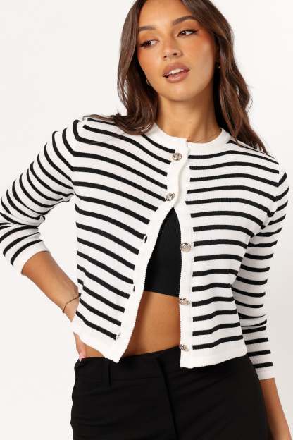 Cynthia Striped Button Front Cardigan - Black/Cream-Sunny Prom