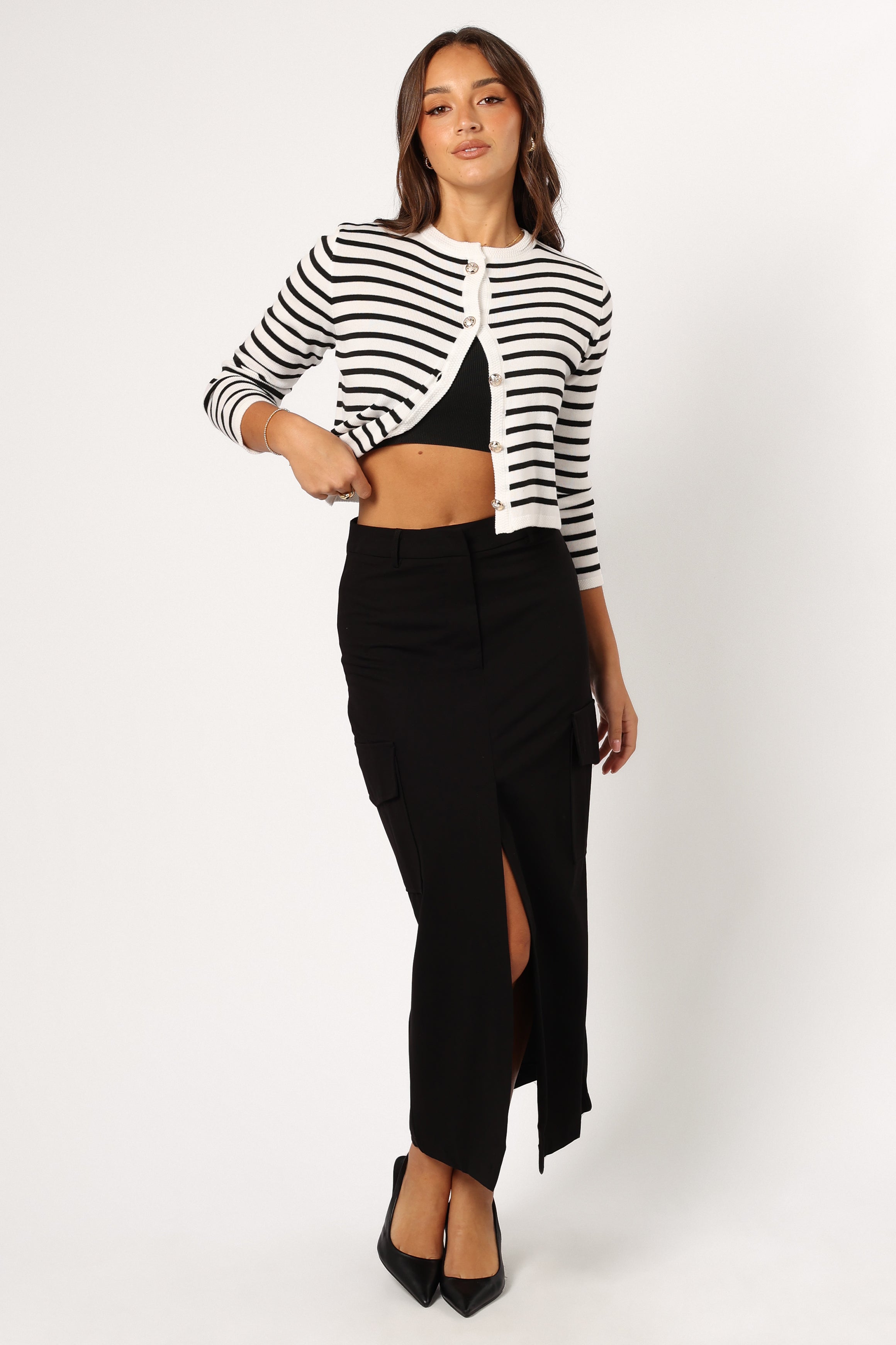 Cynthia Striped Button Front Cardigan - Black/Cream-Sunny Prom