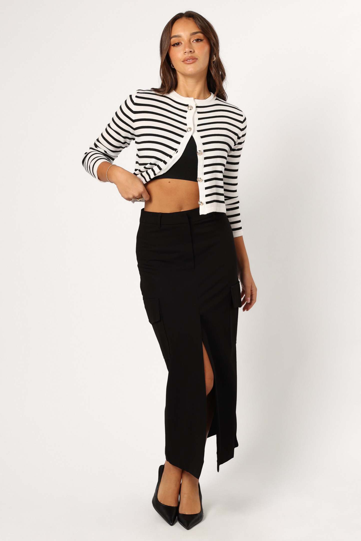 Cynthia Striped Button Front Cardigan - Black/Cream-Sunny Prom