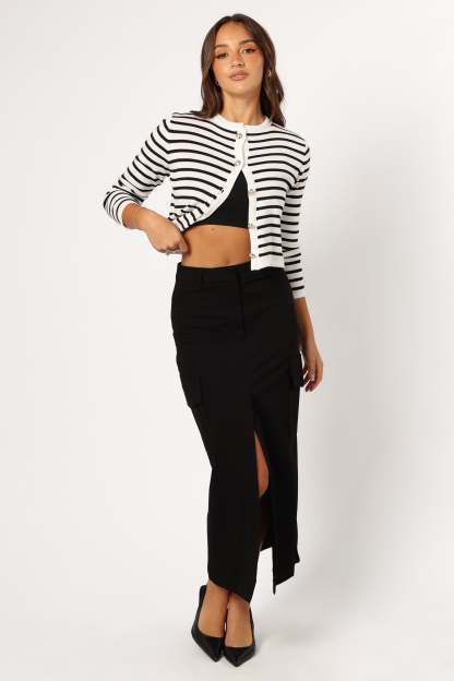 Cynthia Striped Button Front Cardigan - Black/Cream-Sunny Prom
