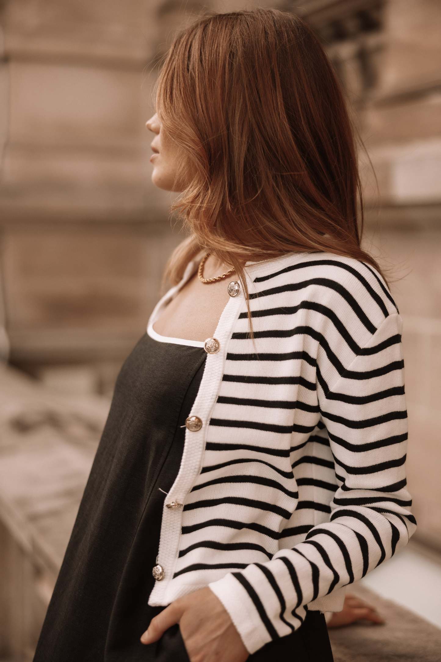 Cynthia Striped Button Front Cardigan - Black/Cream-Sunny Prom
