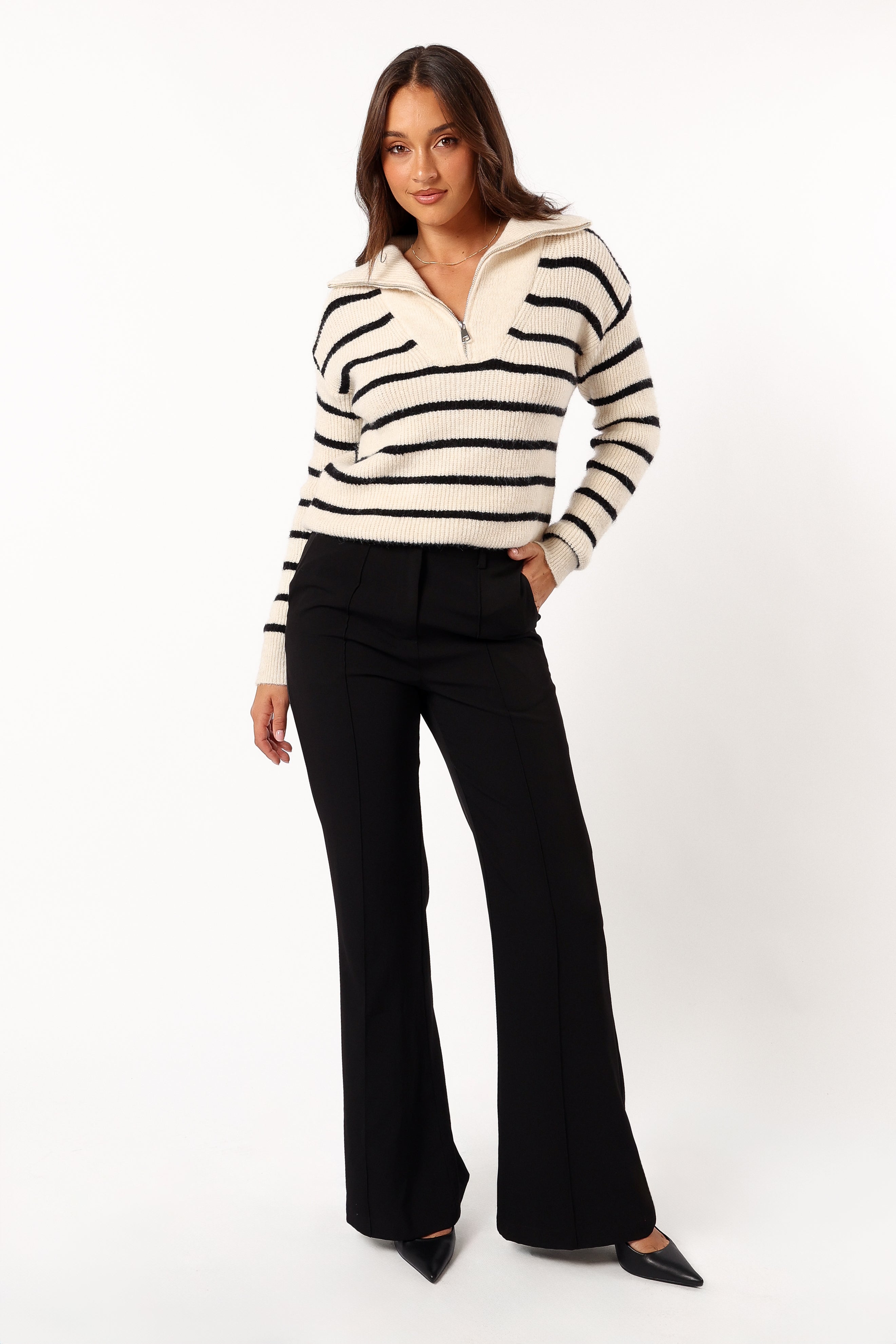 Everleigh Quarter Zip Striped Knit Sweater - Cream-Sunny Prom