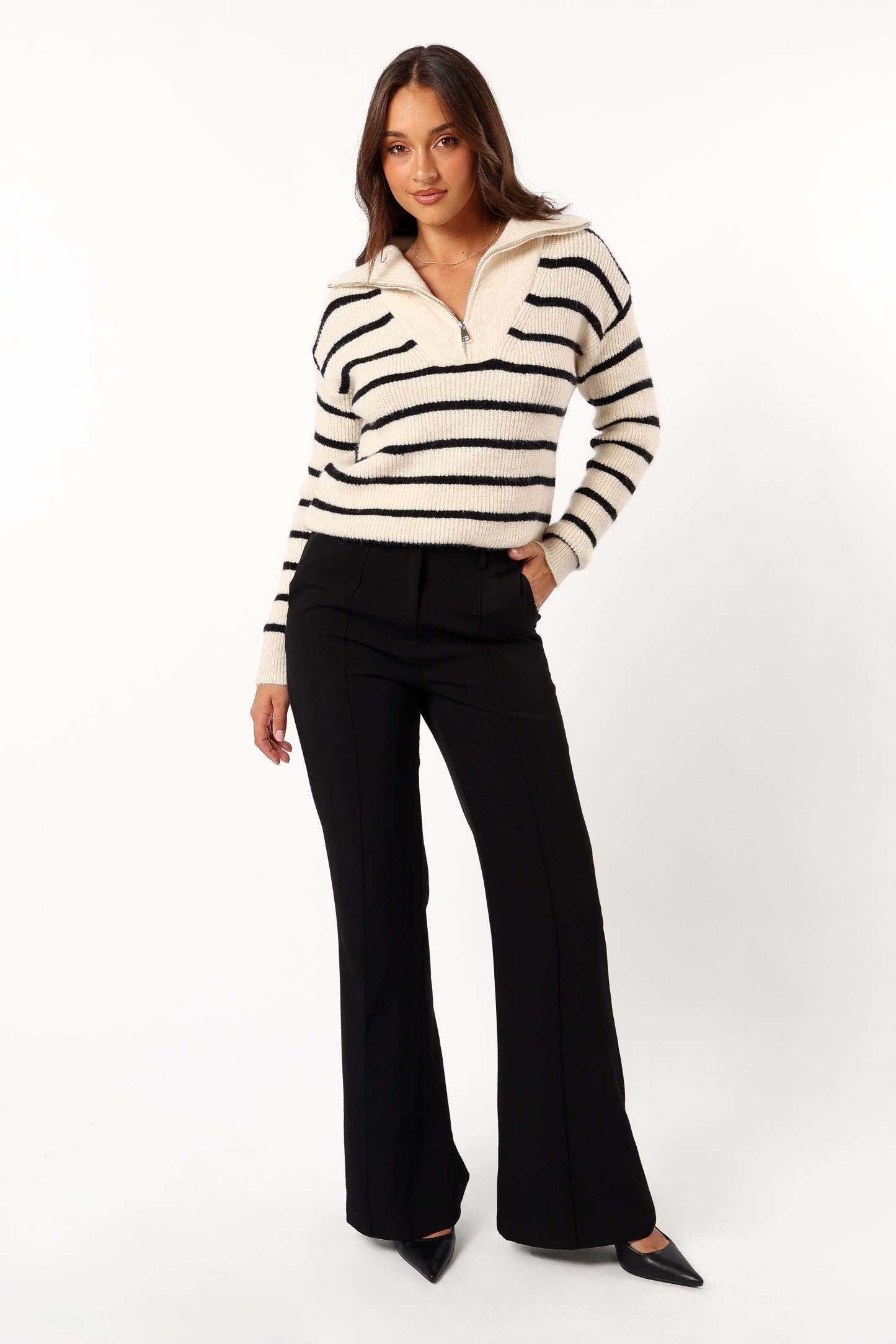 Everleigh Quarter Zip Striped Knit Sweater - Cream-Sunny Prom