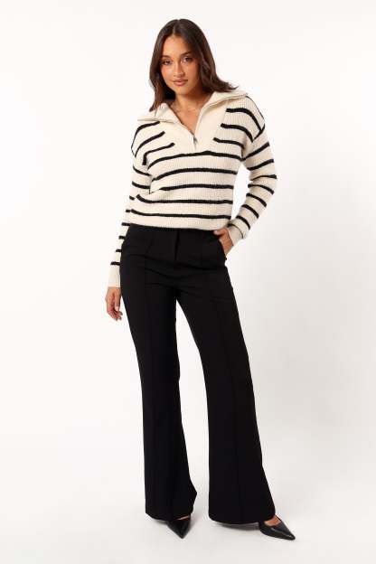 Everleigh Quarter Zip Striped Knit Sweater - Cream-Sunny Prom