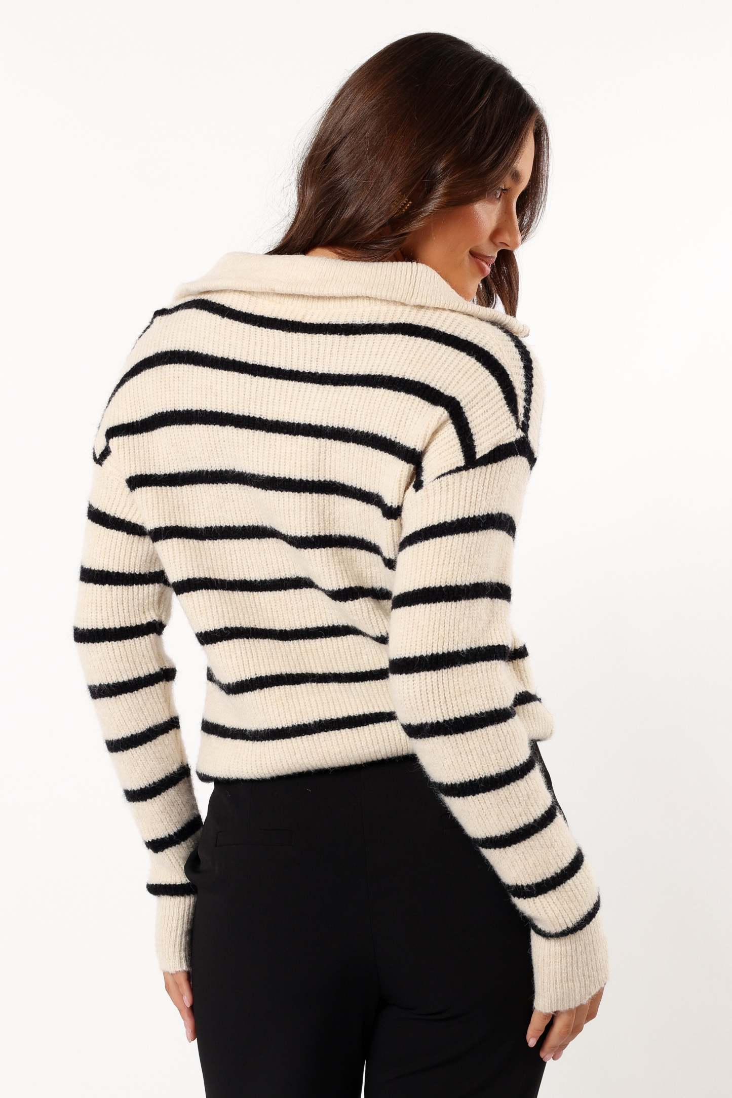 Everleigh Quarter Zip Striped Knit Sweater - Cream-Sunny Prom
