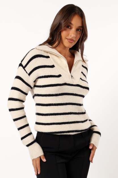 Everleigh Quarter Zip Striped Knit Sweater - Cream-Sunny Prom