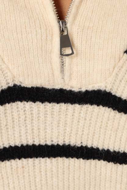 Everleigh Quarter Zip Striped Knit Sweater - Cream-Sunny Prom