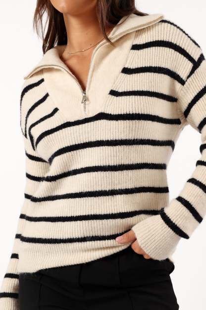 Everleigh Quarter Zip Striped Knit Sweater - Cream-Sunny Prom