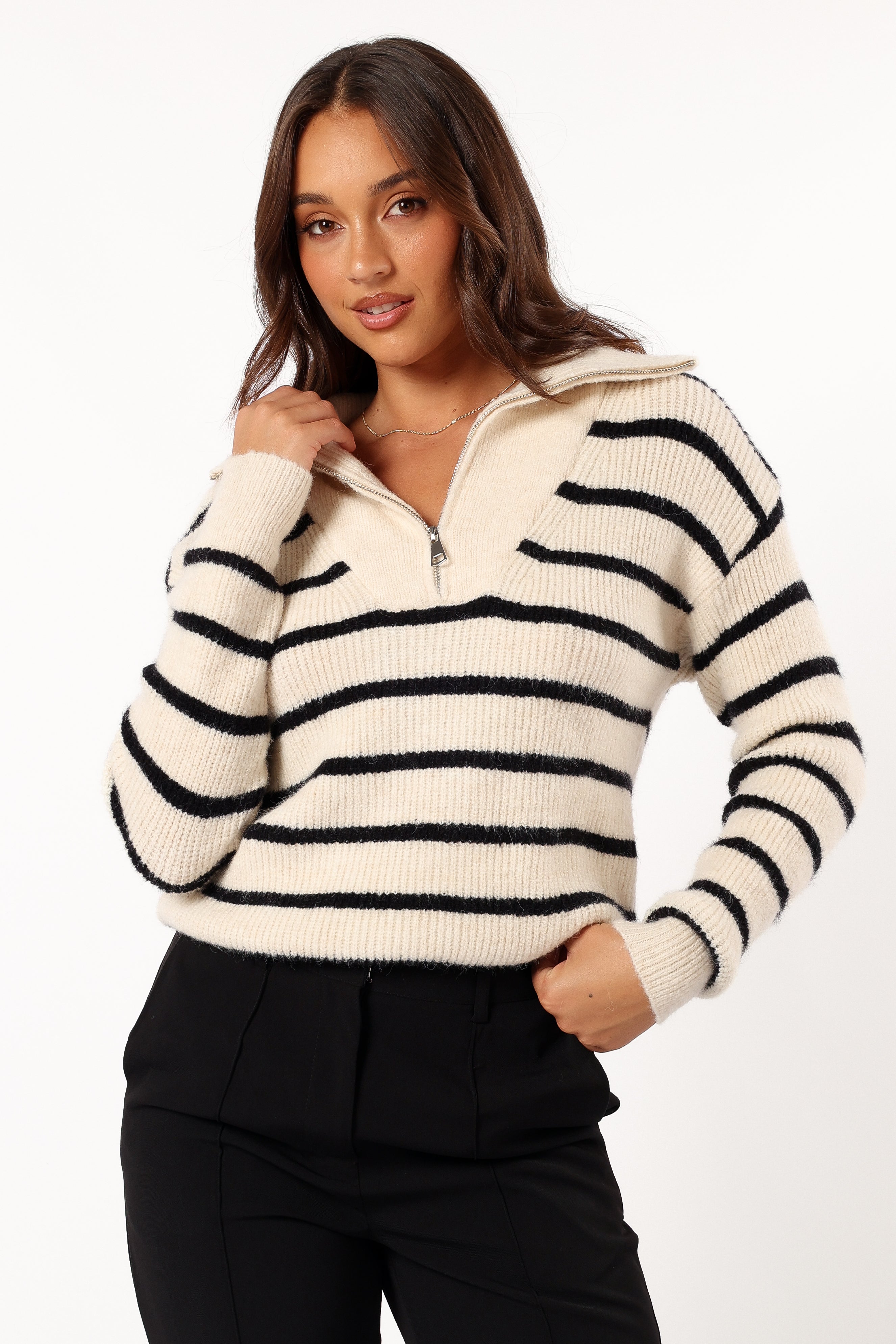 Everleigh Quarter Zip Striped Knit Sweater - Cream-Sunny Prom