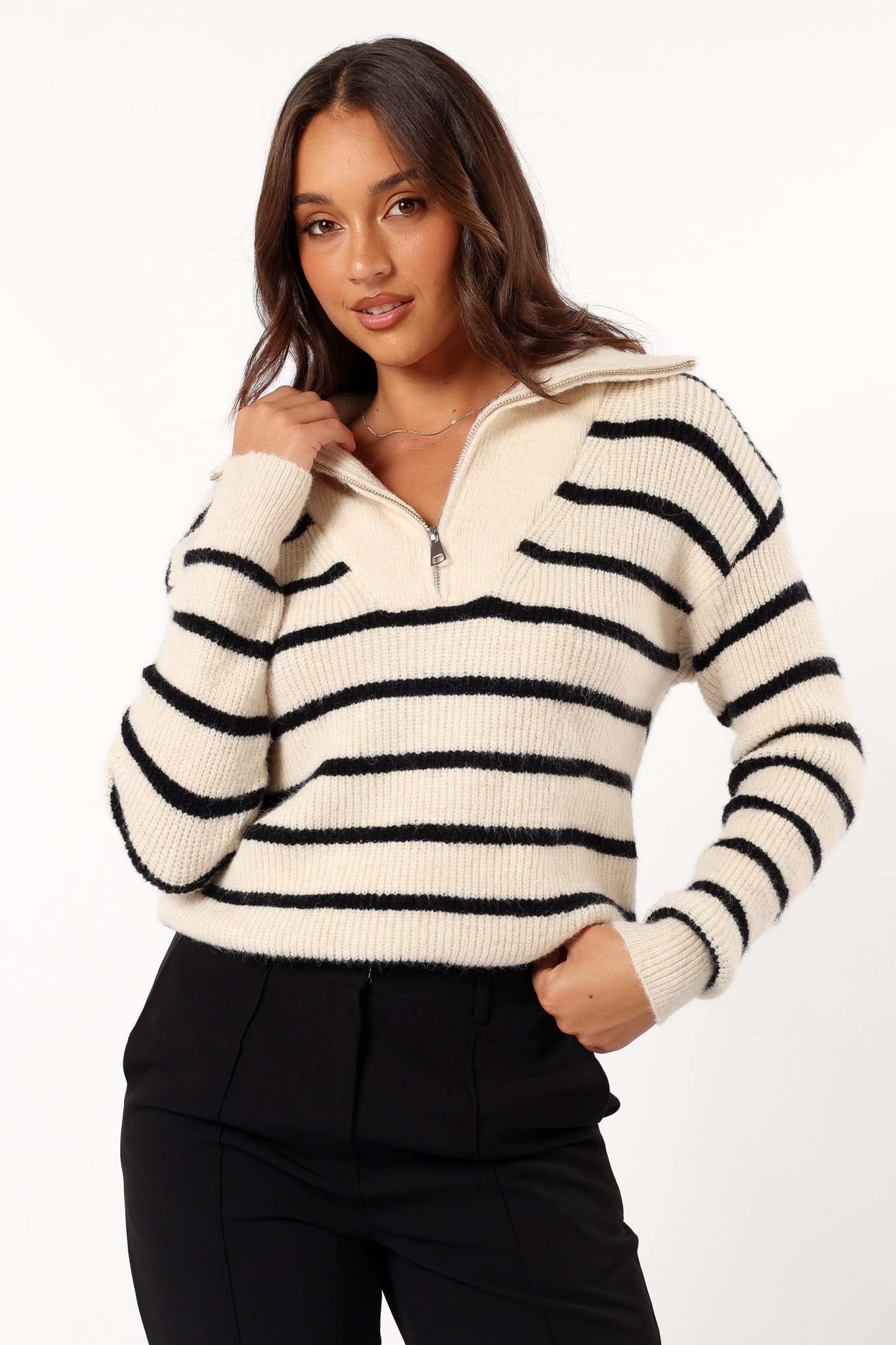 Everleigh Quarter Zip Striped Knit Sweater - Cream-Sunny Prom