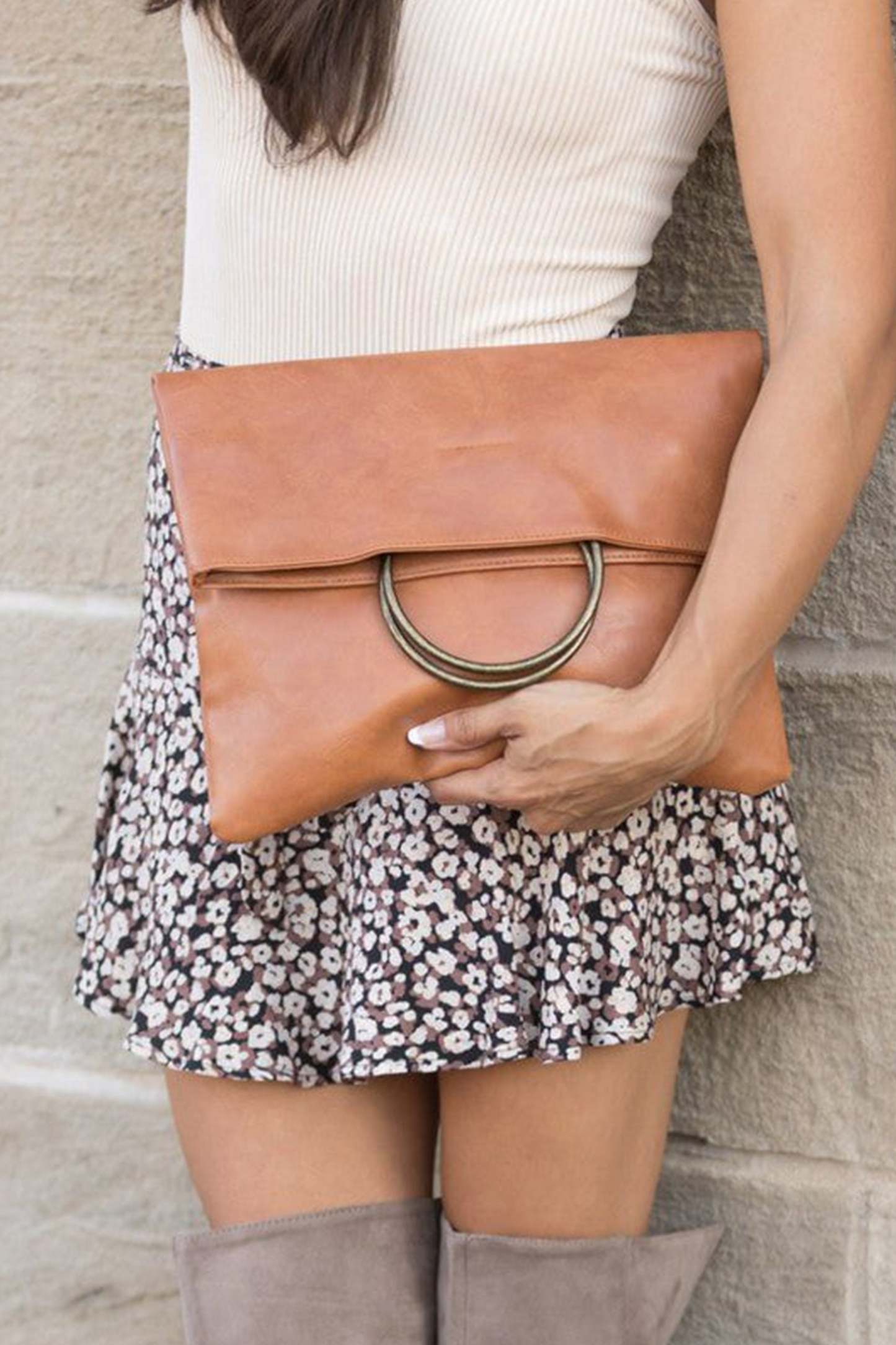 Fold Over O Ring Clutch - Cognac-Sunny Prom