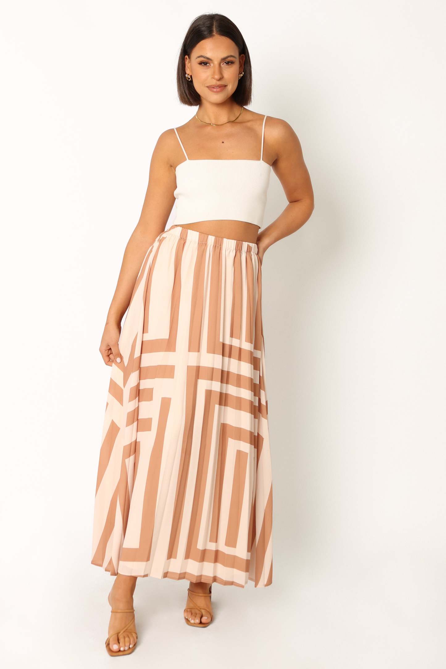 Elke Pleat Midi Skirt - Tan-Sunny Prom