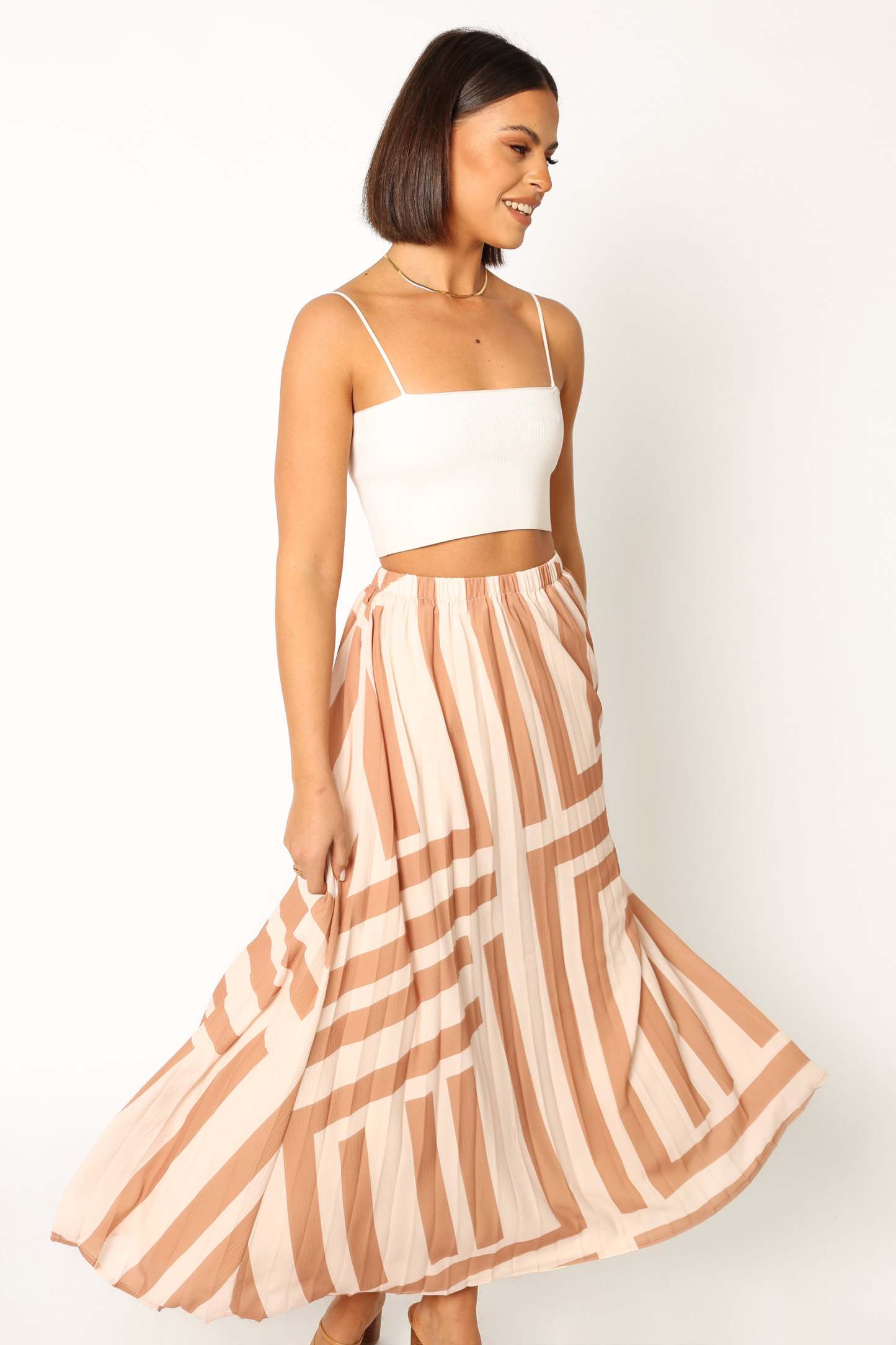 Elke Pleat Midi Skirt - Tan-Sunny Prom