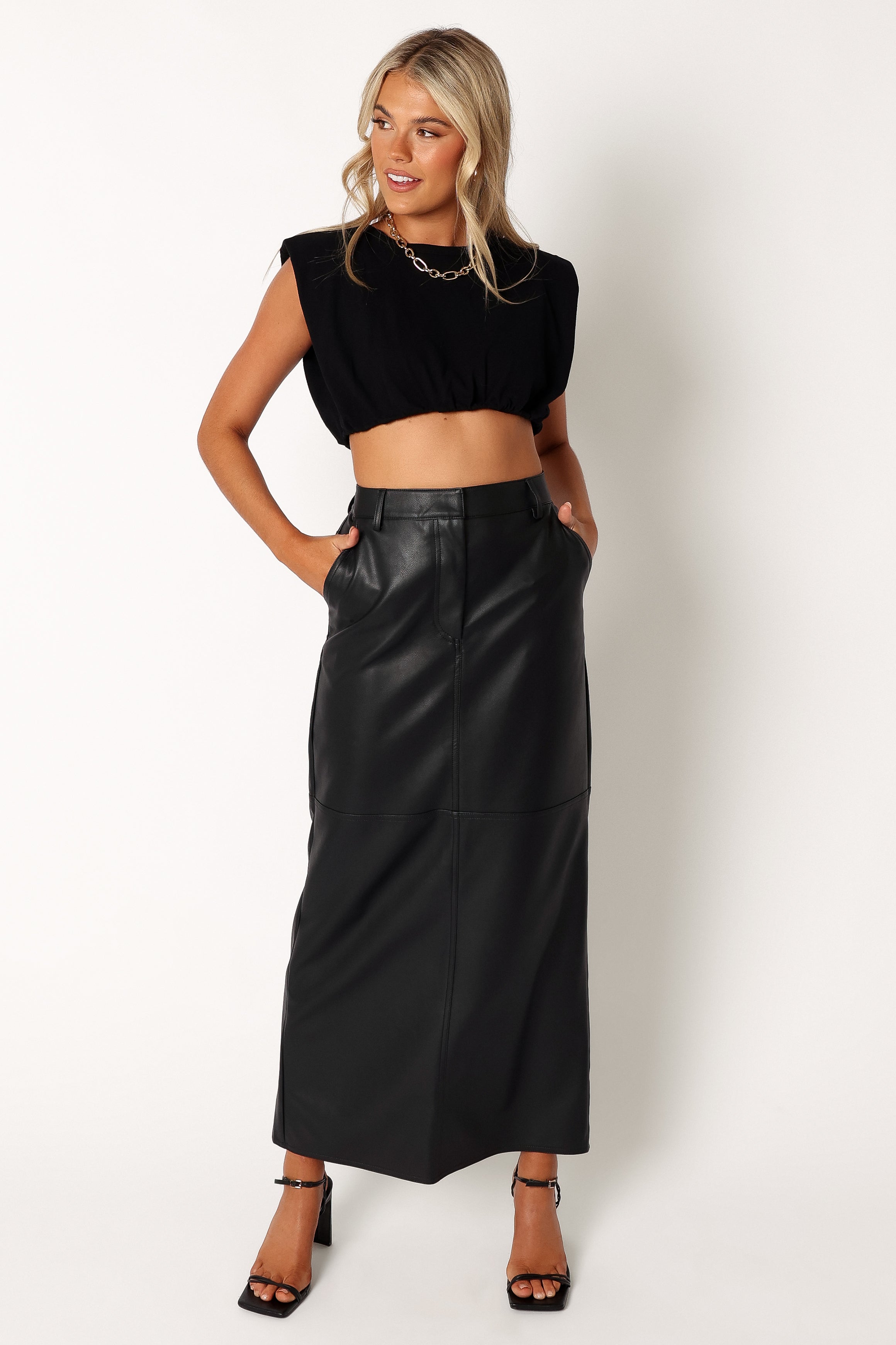 Jade Vegan Leather Column Skirt - Black-Sunny Prom