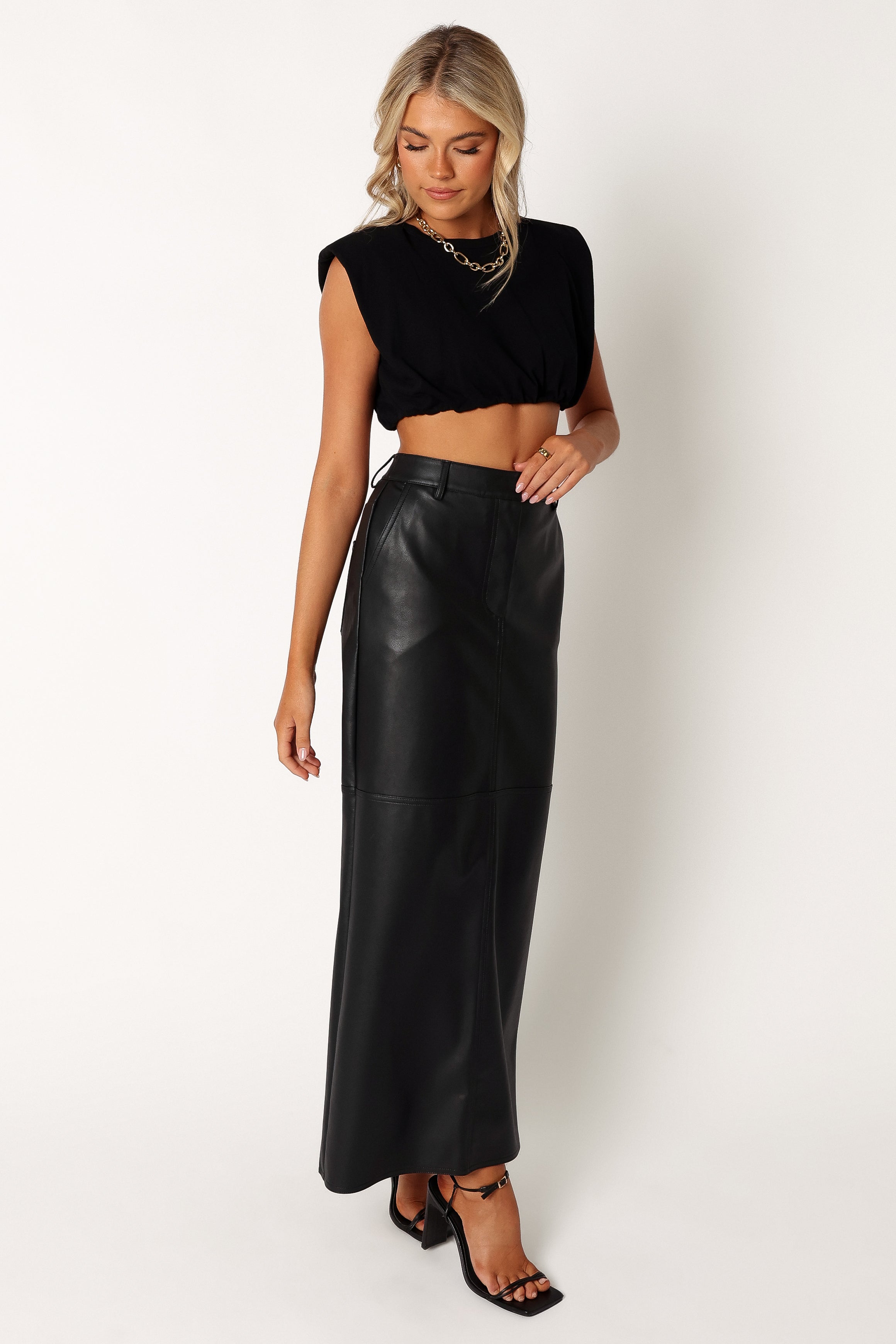 Jade Vegan Leather Column Skirt - Black-Sunny Prom