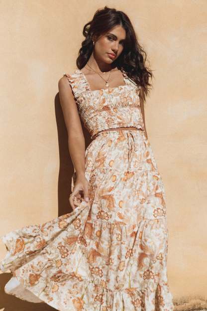 Leo Maxi Skirt - Tan Floral-Sunny Prom