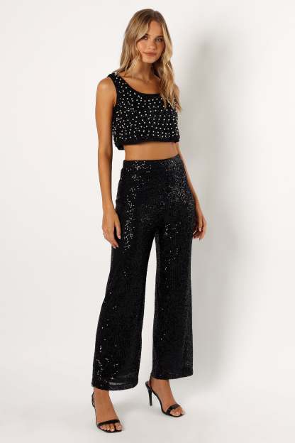 Lilianna Sequin Flare Pant - Black-Sunny Prom