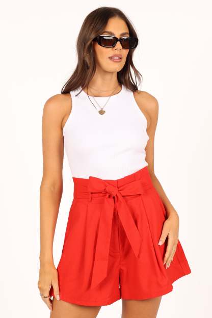 Maya High Waisted Paperbag Shorts - Red-Sunny Prom