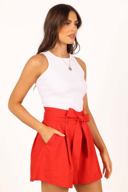 Maya High Waisted Paperbag Shorts - Red-Sunny Prom