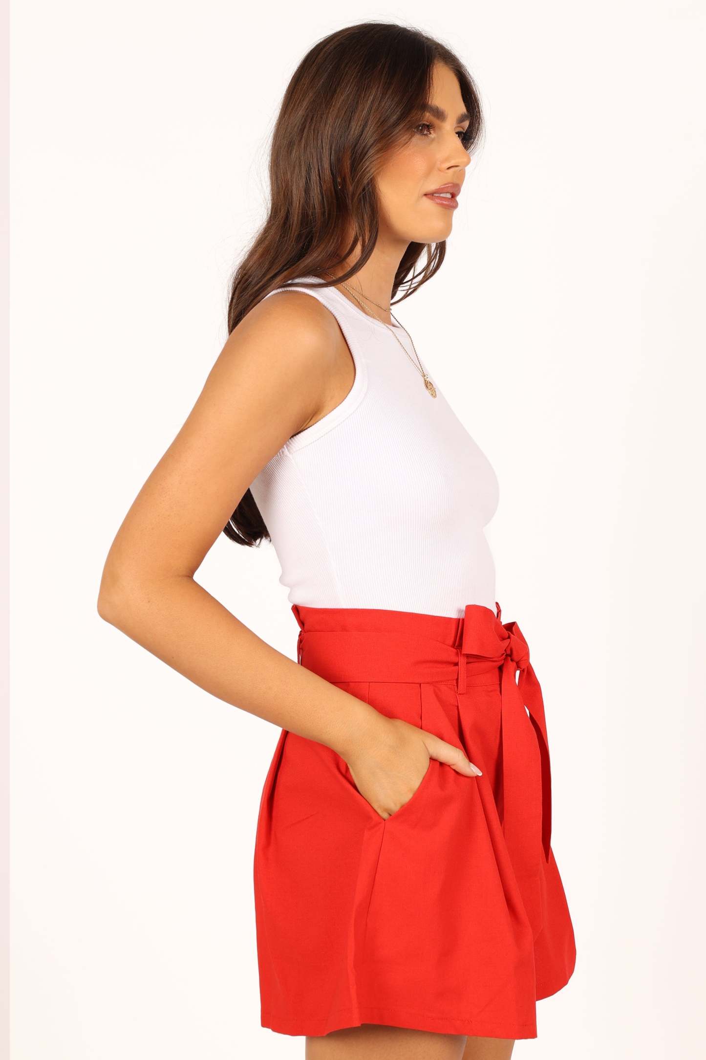 Maya High Waisted Paperbag Shorts - Red-Sunny Prom